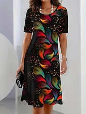levne Šaty umění a designu-Elegantní dámské večerní midi šaty s krátkým rukávem a výstřihem do krku A-line šaty ležérní boho každodenní regular fit ombre květinová grafika černá léto jaro podzim
