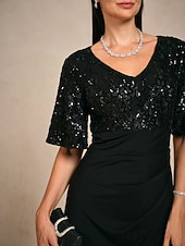 abordables Robe de cocktail-Femmes Robe maxi Robe fourreau Élégant Fête Anniversaire Fleuri Demi Manches Col en V Noir Été Printemps Automne