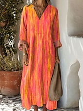 abordables Robes Rayés et Géométriques-Femmes Robe Midi Robe Décontractée Robe d&#039;Été Robe trapèze Vacances Occasionnel Boho Soirée Fête Plage Coupe Ample Graphique Géométrique manche longue Col en V Rose Claire Bleu Orange Été Printemps