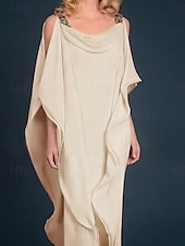 billiga Golvlängd-Strand Bröllop Sheath Mor till Bruden Klänning Bröllop Gäst Elegant Plus Size Juvel Uringning Golvlängd Chiffong Halv Ärmm med Pärlbrodering Kaskad Volanger fri skräddarsydd storlek