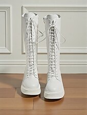 baratos Botas de combate-Botas femininas de couro sintético, cano alto, com cadarço, zíper lateral e sola plataforma grossa, calçado casual urbano