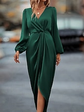 economico Vestito Semplice-Per donna Abito Midi Abito Selkie Moda Classico Moderno All&#039;aperto Vacanza Ferie Vestibilità regolare Semplice Manica Lunga Scollo a V Champagne Vino Verde militare Blu Estate
