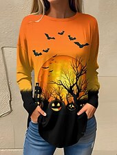 Halloween Women's T shirt Bat Graphic Geometric Vintage Casual Long Sleeve Crew Neck Regular Tops Weekend Print Yellow Orange Spring Fall4