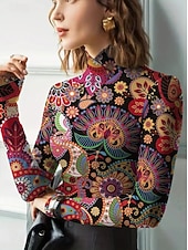 abordables T-shirt Boho-Femmes Tunique Fleuri Élégant Bohème ancien manche longue Col roulé Col haut Hauts Réguliers Sortir Noir Fuchsia Vert Automne Hiver