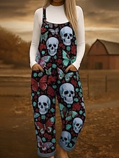 baratos Calças de Halloween-Macacão feminino 100% algodão, leve, gráfico, sem mangas, perna larga, gola redonda, com bolso, férias, diário, ajuste solto, vermelho, azul, roxo, verão