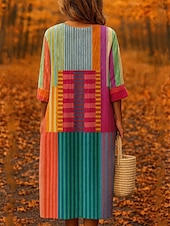 halpa Raidalliset ja geometriset mekot-Naisten midi mekko V-kaula-aukko pitkähihaisella kaftaanilla kevyt löysä malli A-linjainen mekko rento boho ulkona löysä malli graafinen geometrinen pitkähiha V-kaula-aukko keltainen punainen syksy