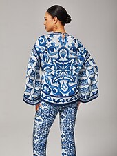  Mujer Camisa casual Arte abstracto Casual Campana Azul cielo Elegante Bohemia Vacaciones Cuello Barco Verano Primavera