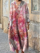 abordables Robes Boho-Femmes Robe Midi Robe d&#039;Été Robe trapèze Vacances Occasionnel Boho Soirée Fête Plage Coupe Ample Fleuri Graphique Géométrique manche longue Col en V Rouge Foncé Rose Claire Bleu Violet Été Printemps