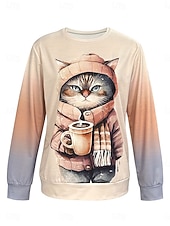 preiswerte Tiere Tops-Damen Pullover Sweatshirt Patchwork Druck Grafik Tiermotiv Katze Warm Aktiv Vintage Langarm Rundhalsausschnitt Normale Oberteile Lässig Straße Alltagskleidung Khaki Grau Frühling Herbst Winter