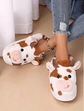 ieftine Flip-Flops de Damă-Papuci drăguți de pluș pentru femei, cu model de vacă, cu design 3D cu animale și căptușeală moale – pantofi confortabili de iarnă pentru casă și cadouri de sărbători