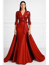 abordables Robes de smoking-Robe de Soirée A-Line Noir et Blanc Sequins Élégante Robe Blazer Formelle Mariage Longueur au Sol Manches 3/4 Col Chemise Poche Satin avec Nœud(x) Perles