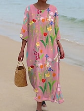 billiga Blommig klänning-Kvinnors Maxiklänning Kaftan 3/4 Lång Ärme Crew Neck Avslappnad Shift Klänning A-linjeformat Klänning Klänning Boho Daglig Semester Dejtdress Blommig Grafisk Mörk Gul Ljus Rosa Gul Ljus Grön