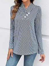 billige Stripe og geometrisk t-skjorte-Dame T skjorte Grafisk Stripet Årgang Stilfull Fritid Langermet V-hals Vanlige topper Daglig Helg Knapper Trykt mønster Navyblå Høst Vinter
