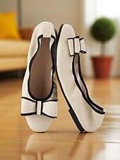 abordables Ballerines femme-Ballerines en similicuir crème pour femmes - chaussures à enfiler à bout rond avec bordure noire et nœud décoratif, chaussures confortables pour un usage décontracté, au bureau et au quotidien