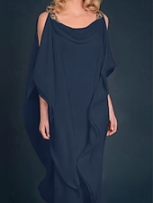 billiga Golvlängd-Strand Bröllop Sheath Mor till Bruden Klänning Bröllop Gäst Elegant Plus Size Juvel Uringning Golvlängd Chiffong Halv Ärmm med Pärlbrodering Kaskad Volanger fri skräddarsydd storlek