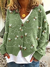 preiswerte 3D Strickjacke-Damen Mantel Freizeitjacke Warm Bequem Druck Mode Modern Lässig Blumen Ausgehen Wochenende Einreihig Regulär V Ausschnitt Normale Passform Langarm Oberbekleidung Weiß Blau Purpur Herbst Winter