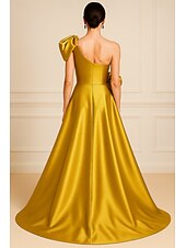 baratos Vestidos de Noite-Vestido de Gala A-Line Vestido Elegante Formal Casamento Comprimento do Chão Sem Mangas Um Ombro Cetim com Bolsos e Pregas Flor de Ombro