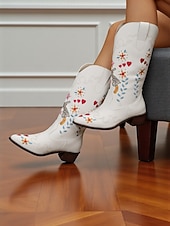 levne Cowboy &amp; Western Boots-Dámské vyšívané kovbojské boty do západního stylu s motivy zbraní a srdce - boty do poloviny lýtek vyjadřující lásku a mír, stylová městská ležérní obuv pro módní ženy