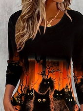 cheap Skull &amp; Bone Tee-Women&#039;s T shirt Pumpkin Graphic Cat Vintage Stylish Classic Long Sleeve Crew Neck Regular Tops Daily Print Orange Spring Fall Winter