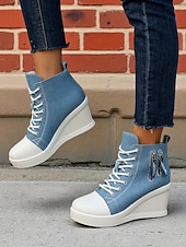 tanie Trampki damskie-damskie buty sportowe na koturnie z denimu, sznurowane z przodu i zapinane na suwak z boku, codzienne buty na wysokiej platformie do noszenia na co dzień
