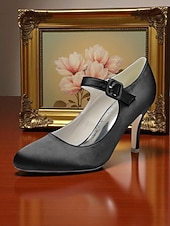 voordelige Cocktail-Champagnekleurige satijnen Mary Jane-hakken voor dames met kristallen gesp, elegante pumps met puntige neus voor cocktailparty&#039;s