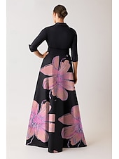 ブルーピンクAラインイブニングガウンエレガントドレスフォーマルウェディングフロアレングス半袖シャツカラーポケットナイロン花柄印刷リボン付き お買い得  床の長さ-ブルーピンクAラインイブニングガウンエレガントドレスフォーマルウェディングフロアレングス半袖シャツカラーポケットナイロン花柄印刷リボン付き