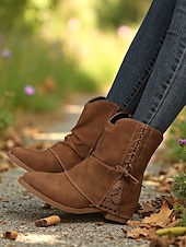 levne Cowboy &amp; Western Boots-Dámské tmavě hnědé kotníkové boty z umělé kůže s bočním zipem a krajkovým detailem – ležérní vintage boty na nízkém podpatku pro každodenní nošení, cestování a outdoorové outfity