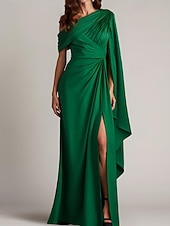 baratos Comprimento do chão-Vestido de noite elegante com bainha/coluna, sobreposição de capa, comprimento até o chão, sem mangas, um ombro só, cetim com pregas e babados, 2025