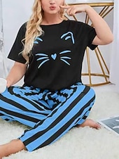 Per donna Attivo Blusa Set di Pantaloni Manica Corta Girocollo Gatto A righe Stampato Vacanza Casual Quotidiano Nero Giallo Rosa Autunno Vestibilità regolare economico Abiti da donna con camicetta-Per donna Attivo Blusa Set di Pantaloni Manica Corta Girocollo Gatto A righe Stampato Vacanza Casual Quotidiano Nero Giallo Rosa Autunno Vestibilità regolare