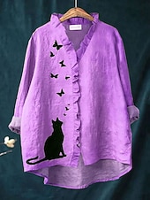 billige Dyr Topp-Dame Bluse Grafisk Katt Sommerfugl Elegant Bohem Aktiv Langermet V-hals Lange topper Daglig Ferie Ut på byen Drapering Gul Rosa Blå Lilla Grønn Vår Høst