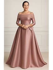 billige A-linje kveldsdrakter-Gull A-Linje Kveldsdrakt Elegant Kjole Formell Bryllupsgjest Gulvlengde 3/4 Lengde ermer Off-Shoulder Lomme Satin med Sløyfe(r)