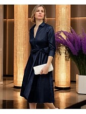 baratos Comprimento do chá-Vestido-camisa para mãe da noiva em corte A, tafetá elástico, elegante, simples e minimalista, gola estilo chá, comprimento até o joelho, tecido elástico, manga 3/4 com laço 2025