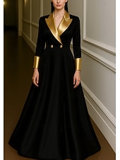 baratos Vestidos de Noite-Vestido de noite preto dourado com corte A, elegante, formal, para casamento, comprimento até o chão, manga comprida, lapela, cetim com pregas, 2025