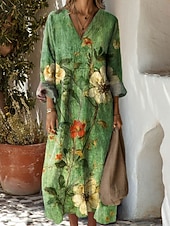 preiswerte Streifen- und geometrische Kleider-Damen Maxikleid Sommerkleid A Linie Kleid Urlaub Lässig Boho Party Ferien Strand Normale Passform Blumen Grafik Geometrisch Langarm V Ausschnitt Gelb Rote Blau Orange Sommer Frühling Herbst