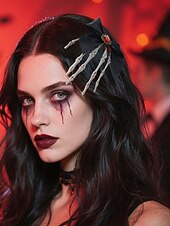 levne Halloweenské doplňky-Dámská černá sponka do vlasů s mašlí v gotickém stylu s detailem kostlivé ruky, ideální na halloweenskou párty.