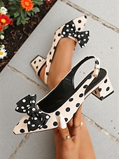  Sapatos femininos estilo slingback com bolinhas - sapatos de salto bloco com bico fino e cetim bege e preto com detalhe de laço, estilo retrô chique dos anos 1950 para festas, uso no escritório e looks de primavera-verão