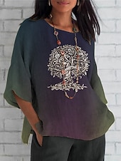 cheap Boho Tops-Women&#039;s Shirt Tree Color Gradient Daily Casual 3/4 Length Sleeve Crew Neck Regular Tops Daily Holiday Print White Purple Green Khaki Summer Spring Fall