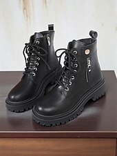 baratos Botas de combate-botas de combate femininas com cadarço - botas de cano curto com sola grossa, zíper lateral e detalhe de tira para roupas urbanas de rua e moda casual