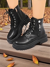 baratos Botas de combate-botas de combate femininas com cadarço - botas de cano curto com sola grossa, zíper lateral e detalhe de tira para roupas urbanas de rua e moda casual