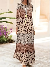 tanie Sukienka boho-Damskie Sukienka maxi Sukienka trapezowa Sukienka A line Impreza Codzienny Boho Codzienny Randka Wyjściowe Regularny Graficzny Zwierzę Panterka Długi rękaw Półgolf Rumiany róż Niebieski Brązowy