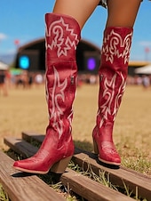 Недорогие Ковбой и западные ботинки-Женские коричневые ковбойские сапоги выше колена в стиле вестерн — ковбойские сапоги из искусственной кожи с вышивкой, острым носком и блочным каблуком для уличного стиля, повседневных нарядов на