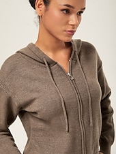 preiswerte Mäntel &amp; Trenchcoats-Kaffeebrauner Damen-Kapuzenpullover mit Reißverschluss, überschnittene Schultern, lange Ärmel, doppelseitiger Reißverschluss, lässig, stilvoll, für den Alltag, Herbst