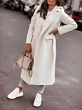 abordables Manteaux d&#039;Hiver-Femmes Manteau Trench Chaud Confortable Avec Poches Mode Moderne Occasionnel Uni Sortir Week-end Simple Boutonnage Long Col Rabattu Coupe régulière manche longue Vêtements d&#039;extérieur Noir Blanche