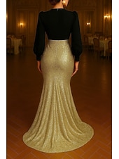 billiga Mermaid kvällsklänningar-Sjöjungfru / trumpet Kvälls klänningar Elegant Formell klädsel Formell Bröllop Svepsläp Långärmad V-hals Satäng med Veckad 2025