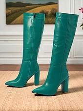 preiswerte Modische Stiefel-Grüne kniehohe Kunstlederstiefel für Damen – Stiefel mit spitzer Zehenpartie und Blockabsatz für Streetstyle im Herbst und Winter, tägliche Ausflüge und Urlaubsmode
