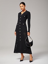preiswerte Blumenkleider-Weiblich Freizeitkleid Schwarz Langarm Einfach Herbst Ganzjahres Rundhals Elegant Modern S M L