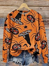 olcso Halloween pulóver és kapucnis felső-női pulóverek grafikus mintás divatos lezser hosszú ujjú kerek nyakú normál felsők utcai mindennapi viselet lezser nyomtatott fekete sárga rózsaszín fukszia narancssárga ősz tél