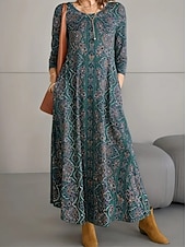 preiswerte Boho Kleid-Damen Maxikleid A Linie Kleid Sommerkleid Urlaub Lässig Boho Täglich Normale Passform Grafik Geometrisch Langarm Rundhalsausschnitt Blau Sommer Frühling Herbst Winter