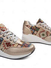 economico Sneakers da donna-sneakers con zeppa dorate da donna – scarpe da ginnastica con plateau e lacci con stampa etnica per abbigliamento casual da strada e viaggi del fine settimana