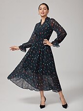 baratos Vestidos Florais-Mulheres Vestido casual Vestido Longo Vestido Maxi Preto Manga Longa Papagaio gravata na frente Primavera &amp; Outono Estações Cruzadas Decote V Férias S M L